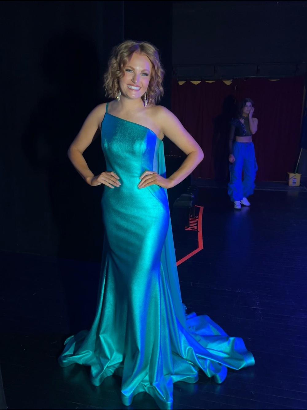 One-Shoulder Teal Satin Evening Gown (CAPE NOT INCLUDED)
